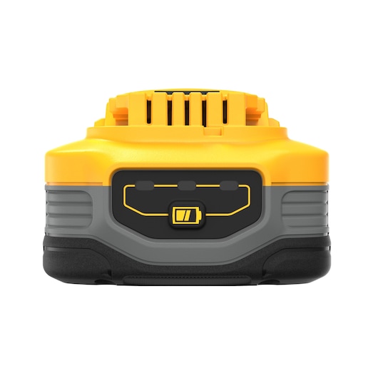 DEWALT POWERSTACK five amp hour battery front view of LED state of charge indicator 