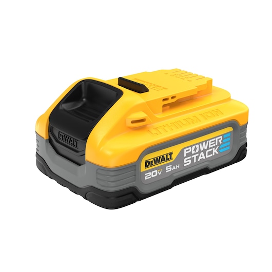 DEWALT POWERSTACK five amp hour battery at a slight angle from the top 