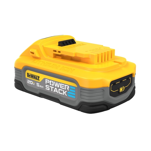DEWALT POWERSTACK five amp hour battery at a slight angle  showing LED state of charge indicator 