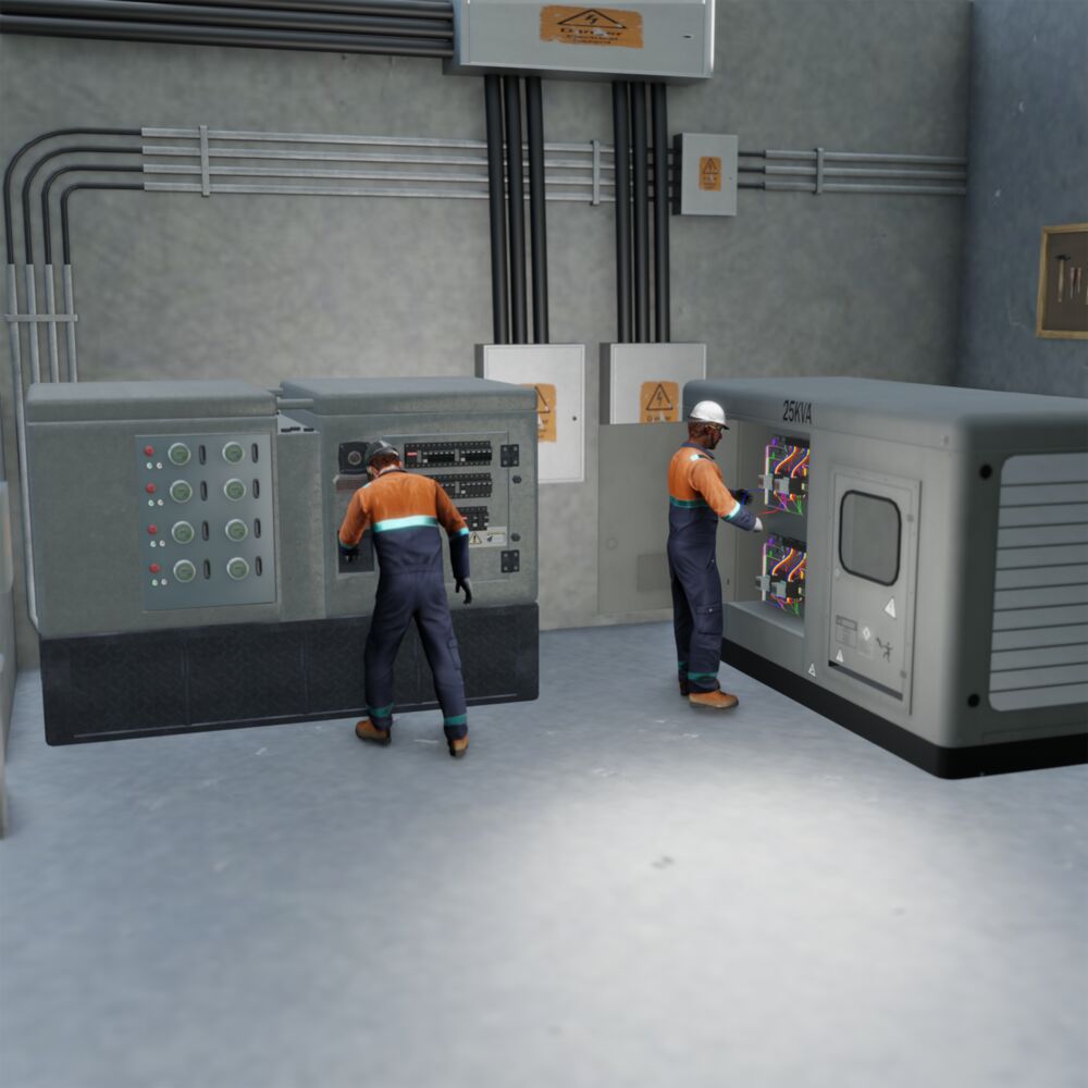 Two electricians installing a switchgear panel