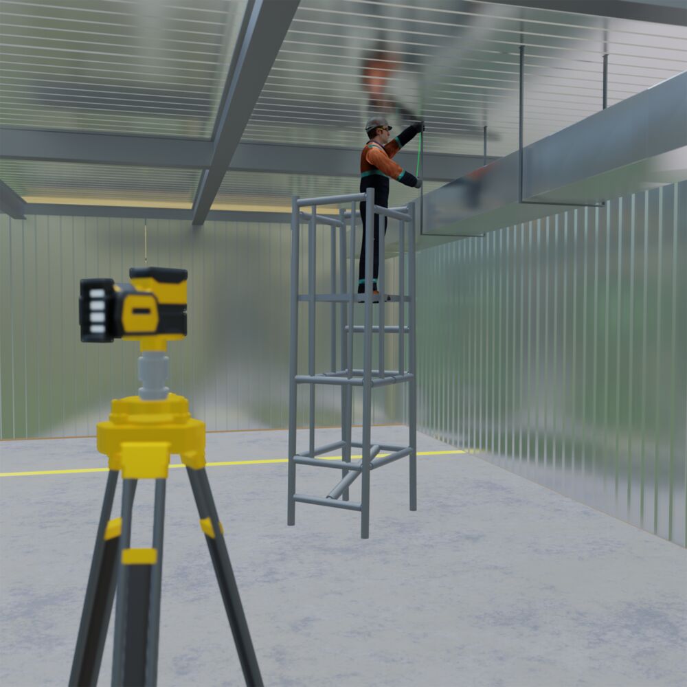 A worker on a scaffold using a laser to measure distance