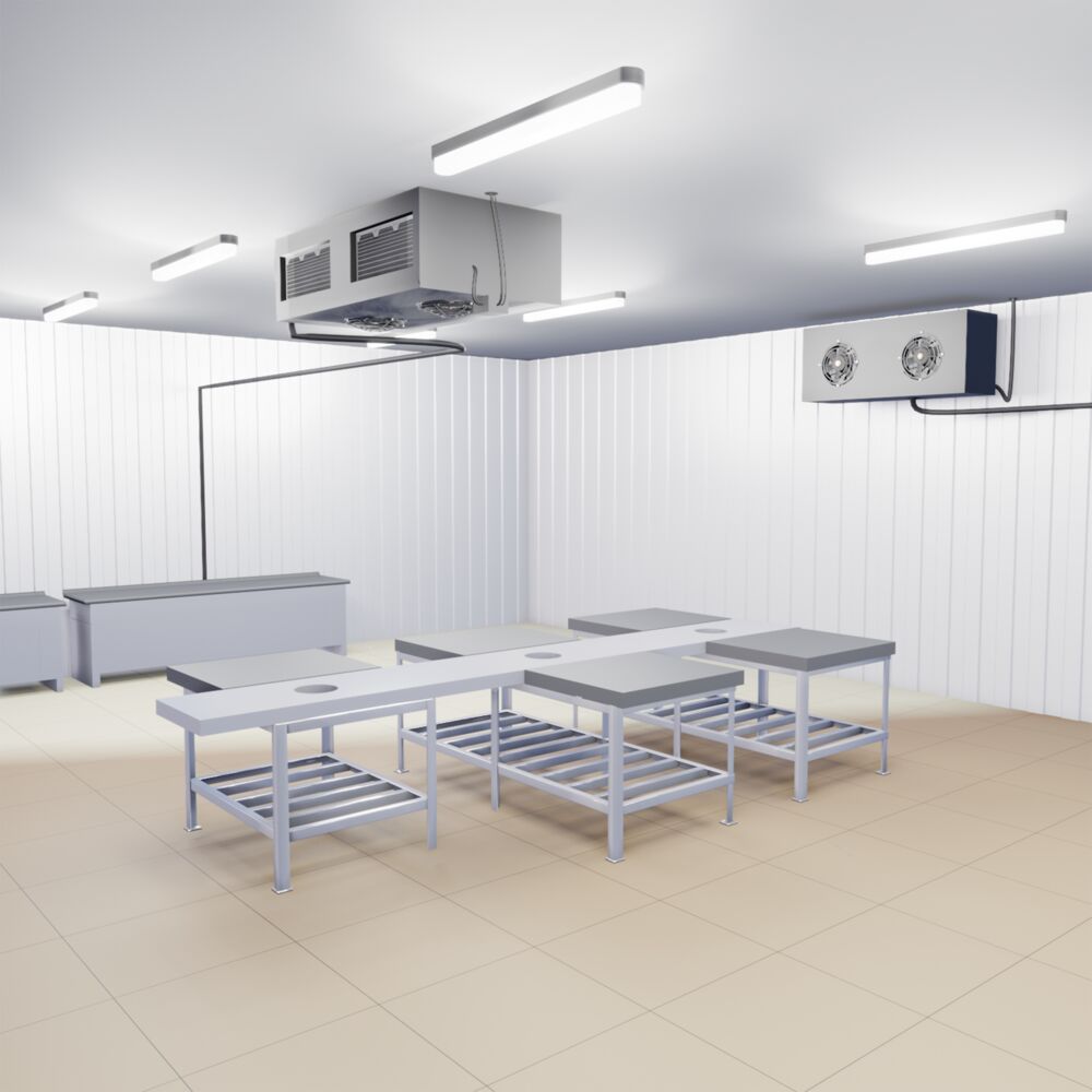 A refrigerated room with tables and fans