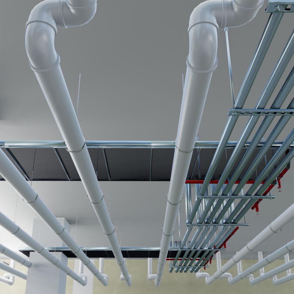 Ceiling with runs of conduit and metal and PVC pipes