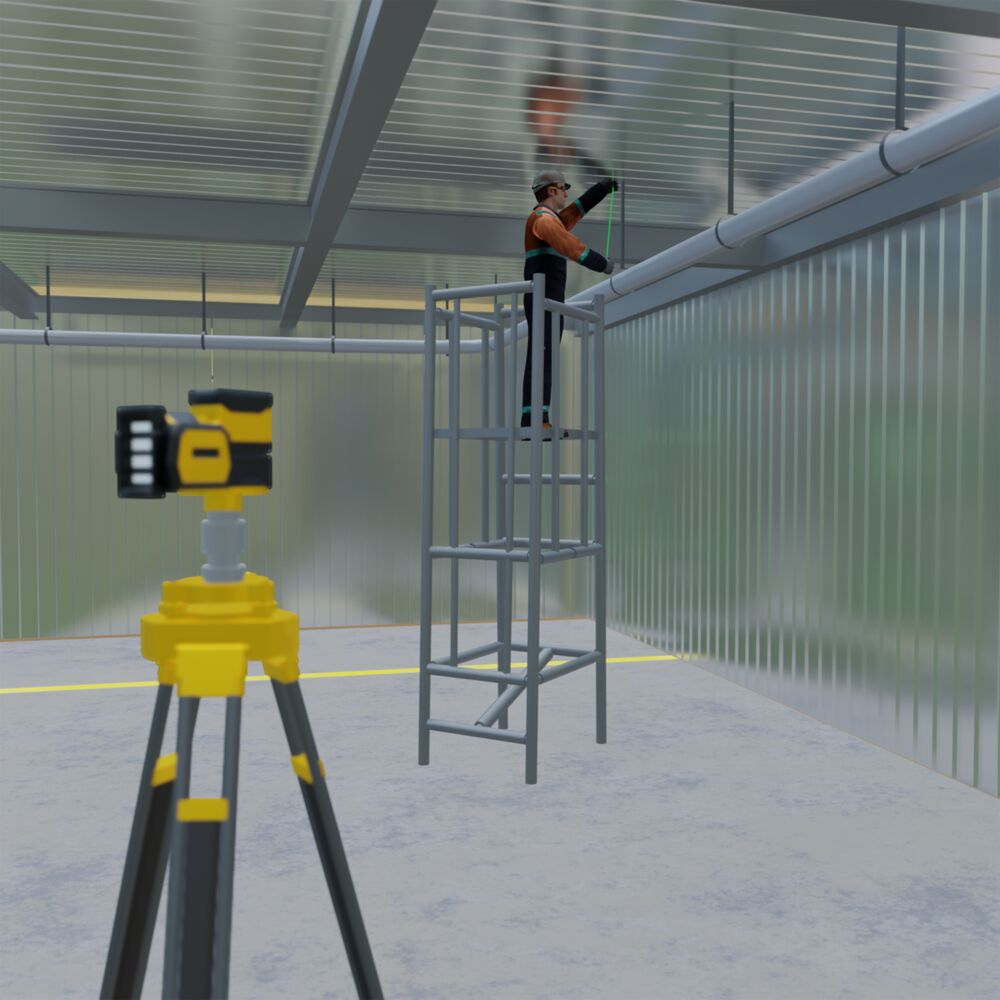 A worker on a scaffold using a laser to measure distance