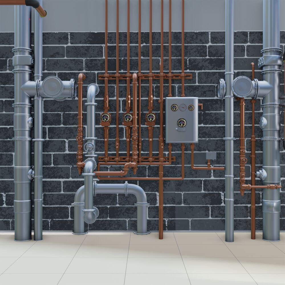 A concrete wall hosting a system of copper and metal water pipes